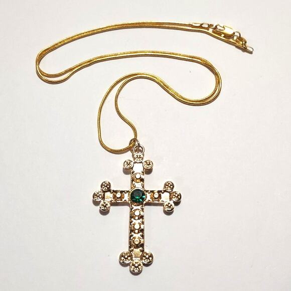 18k Gold Plated Necklace Cross Catholic Green Zircon Birthday Valentines Gift